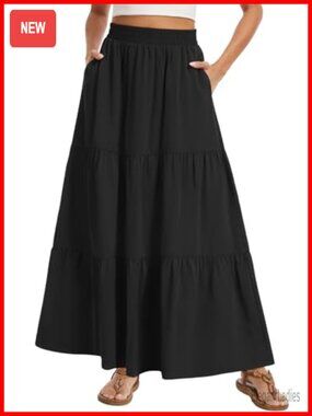 Boho Tiered A-Line Maxi Skirt High Waist Flowy with Pockets